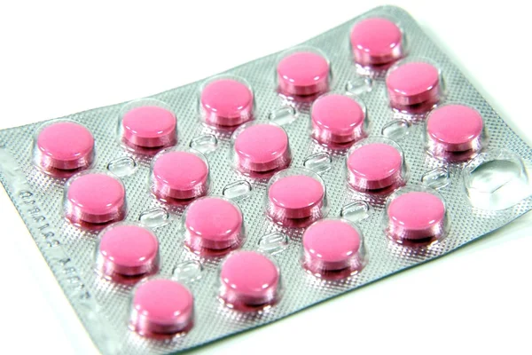 Růžové Pilulky Blistru Izolované Bílém — Stock fotografie