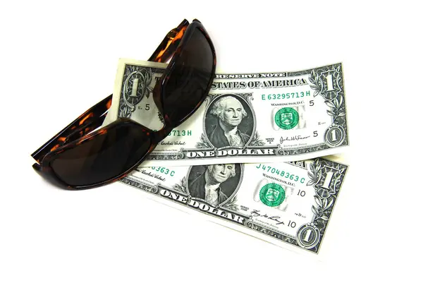 Nahaufnahme Brille Mit Einem Dollar — Stockfoto