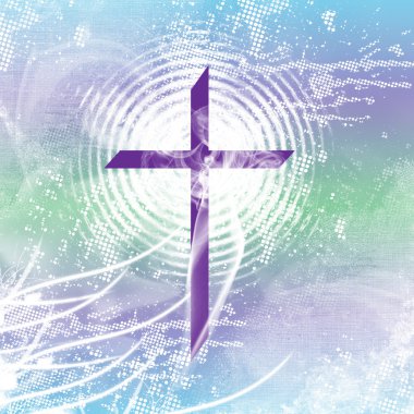 Purple christian cross with white radiation, smoke and distressed, blue and green. clipart