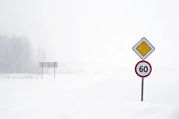 Попереджувального Знаку Дорозі Взимку Заметіль Стокове Фото