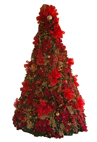 Hoge Kerstboom Ingericht Rood Goud Geïsoleerd Witte Achtergrond — Stockfoto