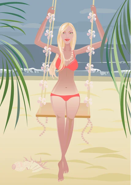 Una Chica Columpio Playa Ilustración Vectorial — Archivo Imágenes Vectoriales