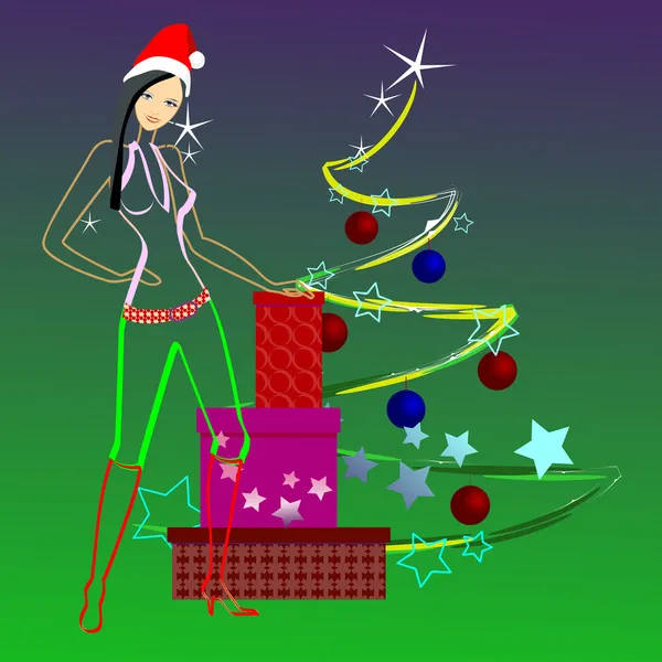 Una Chica Vestida Santa Claus Nochevieja Regalos Bajo Árbol — Vector de stock