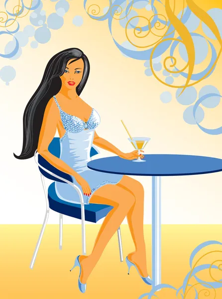 Uma Rapariga Com Cocktail Restaurante Ilustração Vetorial — Vetor de Stock