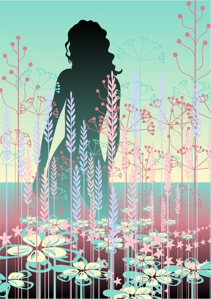 Silhouette Girl Flower Meadow Blooming Field Summer Day — Stock Vector