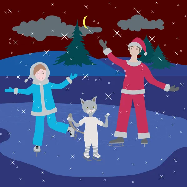 Bambini Sui Pattini Inverno Illustrazione Vettoriale — Vettoriale Stock