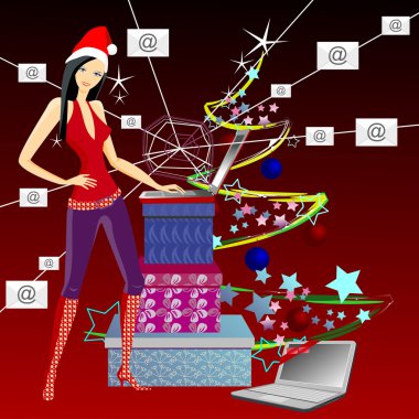 A girl dressed as Santa Claus. New Year's Eve. Gifts under the tree. clipart