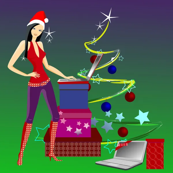 Una chica vestida de Papá Noel con regalos — Vector de stock