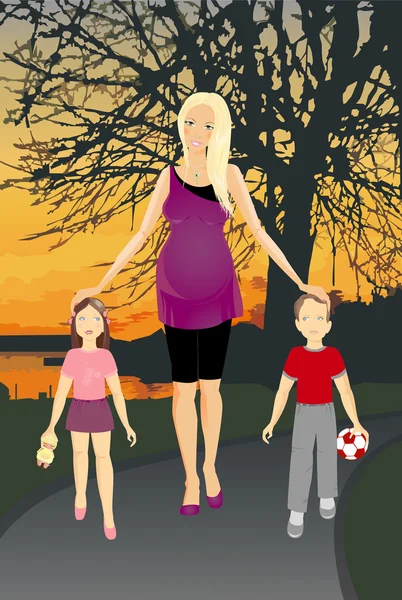 Ευτυχισμένη μαμά, με δύο παιδιά. — Διανυσματικό Αρχείο