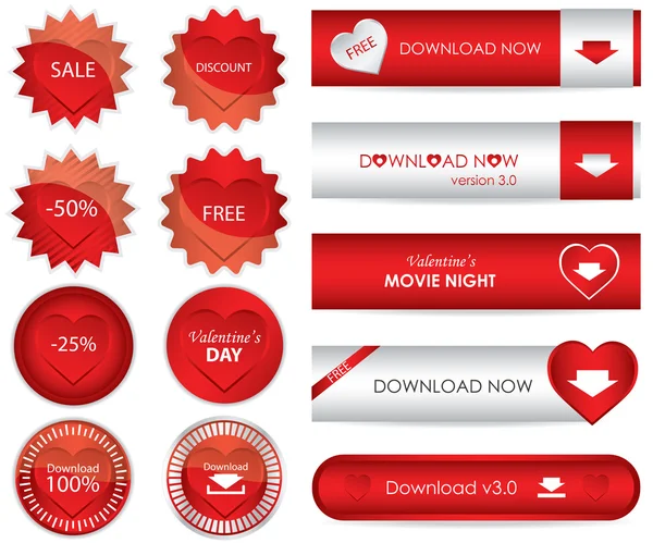 Special Red Website Download Buttons Valentine Day Edition — Stock Vector
