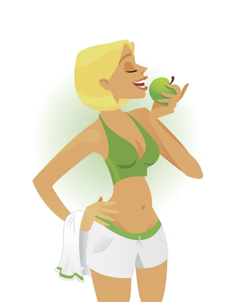 Leva Hälsosamt Kvinna Äta Ett Äpple Efter Vissa Träningspass Vektor — Stock vektor