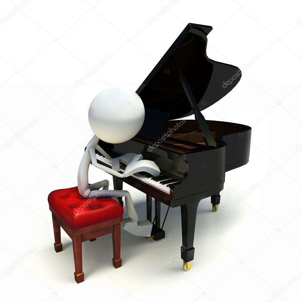 3D character playing the piano, isolated on white background