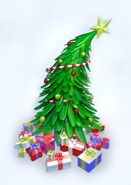 3D christmas tree ve beyaz arka plan üzerinde izole presents