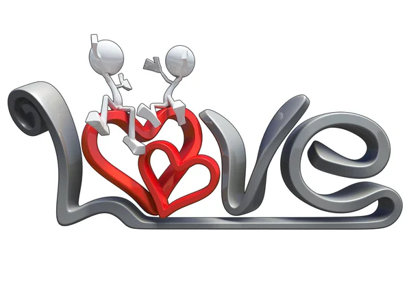 3D characters hugging on the word love. — Stock Photo, Image