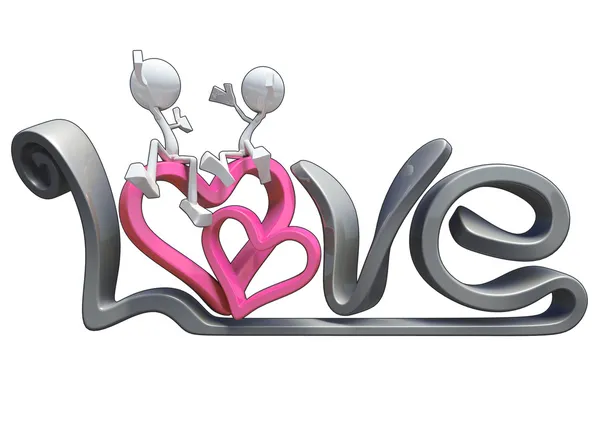 Personagens 3D abraçando a palavra amor . — Fotografia de Stock