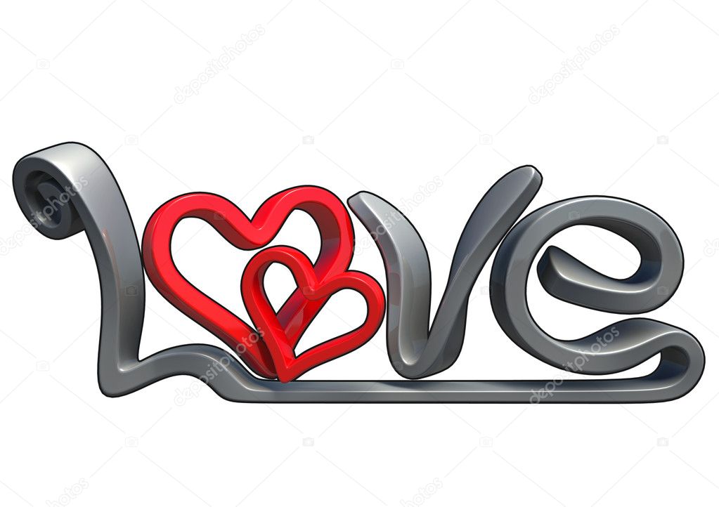 Text, der das Wort Liebe sagt, hergestellt in 3D-Software, isoliert auf wei...