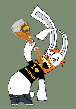 Rabbit in a black shirt and jeans, drinking whiskey from a bottle clipart