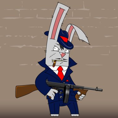 Illustration gangster rabbit in a blue suit, with Thompson gun