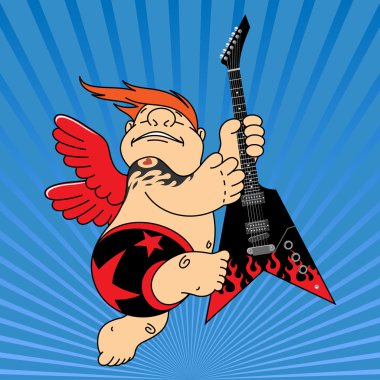 Cupid with red wings playing the electric guitar clipart