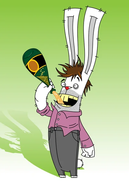 在一件紫色的衬衫和灰色长裤 从一瓶喝香槟喝醉了的兔 — 图库矢量图片