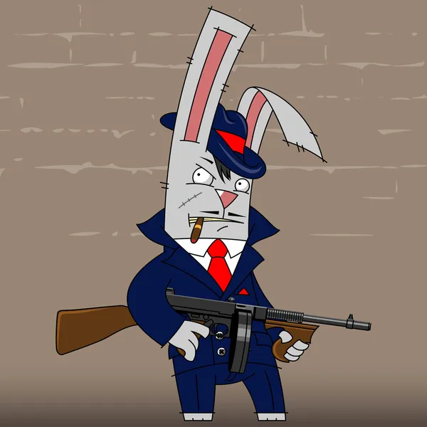 Illustration Gangster Kanin Blå Kostym Med Thompson Pistol — Stock vektor