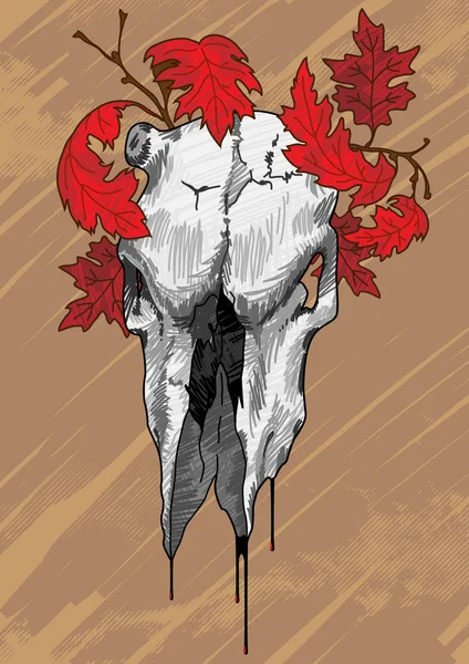 Cow skull in red leaves — Stock Vector