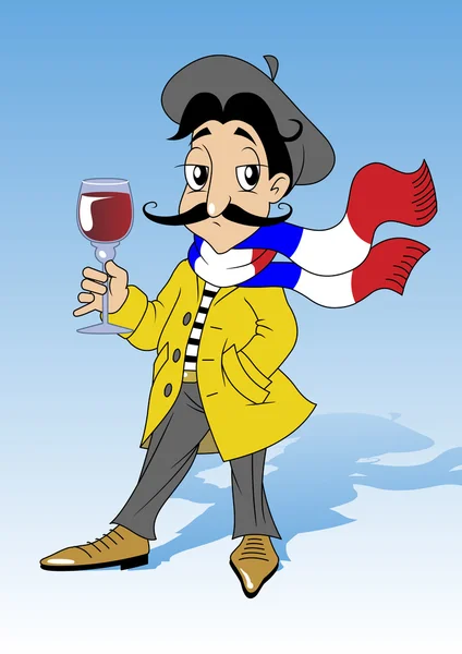 Francese Con Cappotto Giallo Berretto Sciarpa Con Bicchiere Vino Rosso — Vettoriale Stock