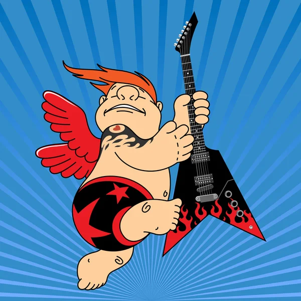 エレキギターを弾いている赤い翼を持つキューピッド — ストックベクタ