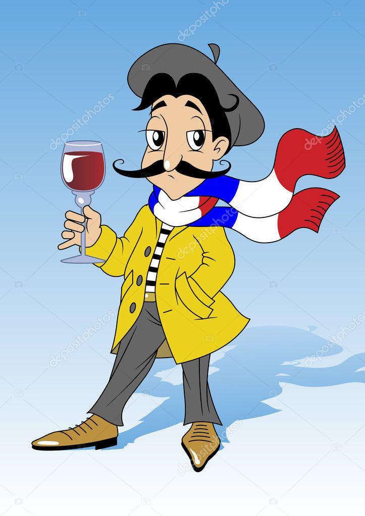 Frenchman in the yellow coat, beret and scarf, with a glass of red wine in hand