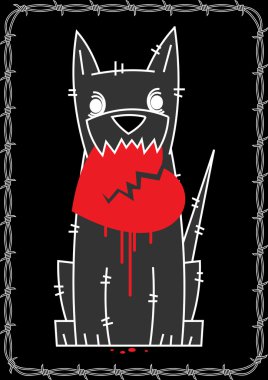 Gray wolf on a black background keeps his teeth red heart clipart