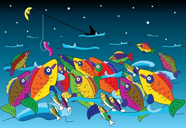 Glücklicher Fischer Allein Der Nacht Meer — Stockvektor