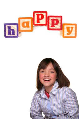 Young girl against white background smiling big under the word happy. clipart