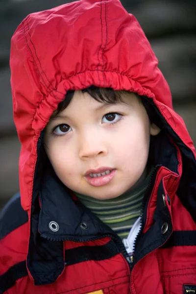 Ένα Νεαρό Αγόρι Που Φορώντας Μια Κουκούλα Παλτό Δείχνει Ότι — Φωτογραφία Αρχείου