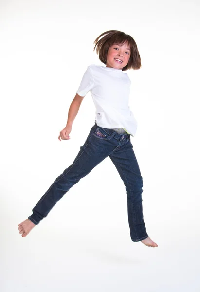 Uma Jovem Salta Para Nesta Imagem Estúdio — Fotografia de Stock