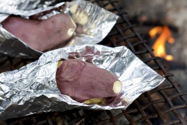 Sweet potatoes wrapped in aluminum foil are being cooked over an open fire. clipart