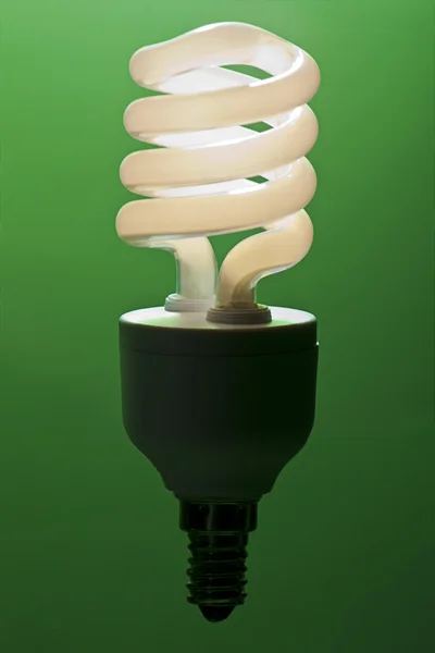 Una Bombilla Baja Energía Mágicamente Iluminada Sobre Fondo Verde — Foto de Stock