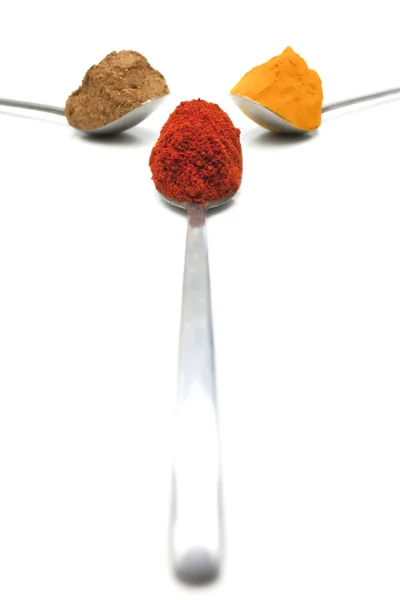 Turmeric, Paprika and Garam masala in a tea spoon — Stock Photo, Image