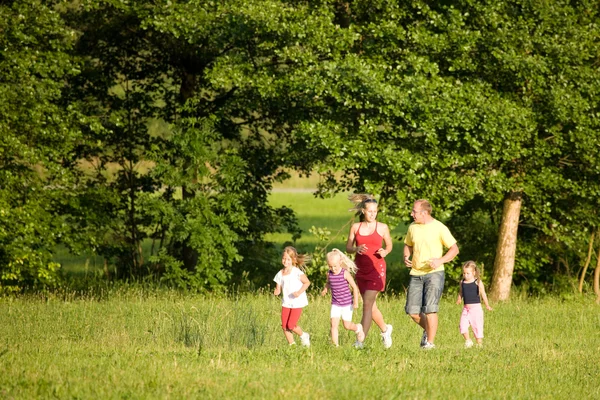 Familie in het gras op een — Stockfoto