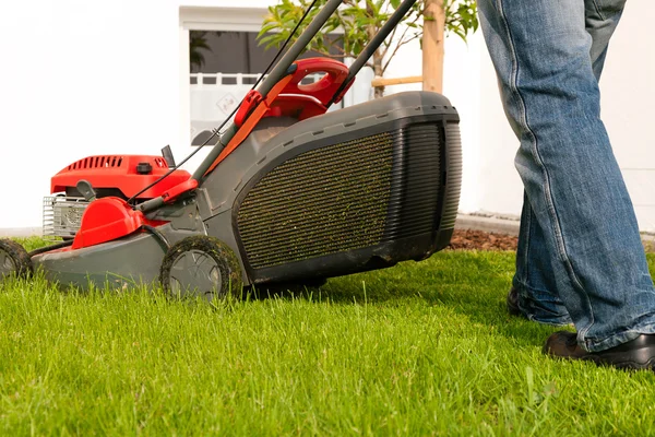 Man klipper gräsmattan i hans trädgård — Stockfoto