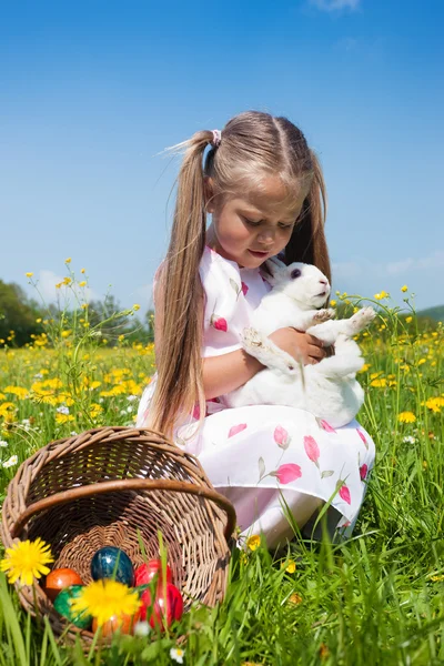Child petting the Easter bunny — Stock Photo, Image