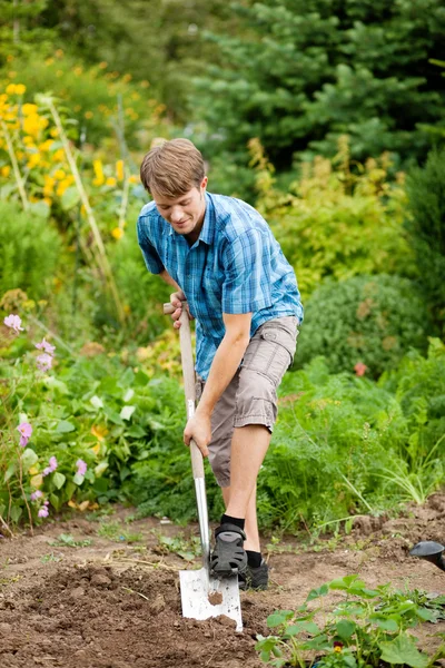 Gärtner gräbt den Boden ein — Stockfoto