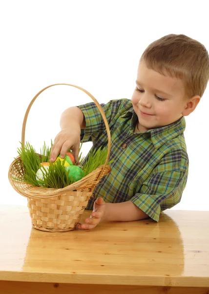 Little Boy Easter Eggs Grass — Stock Photo, Image