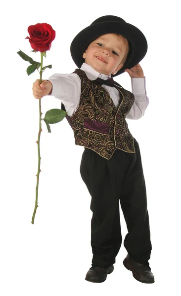 Little Boy Red Rose — Stock Photo, Image