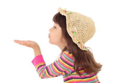 Little girl blows with an empty hand clipart