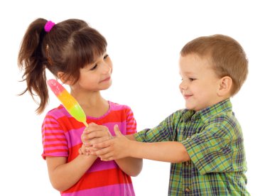 Little children sharing the color ice cream, isolated on white clipart