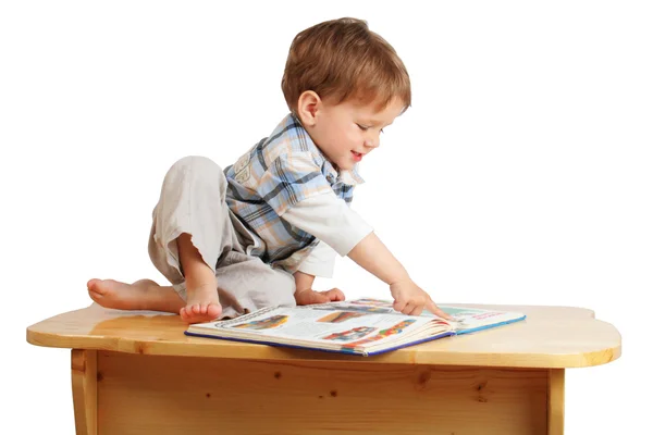 One Smiling Playing Children Reading Book Desk — Stock Photo, Image
