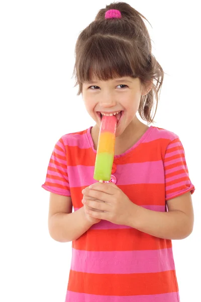Little smiling girl with color ice cream — Stock Photo, Image