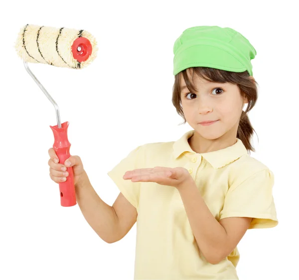 Little Girl Paint Roller Isolated White — Stock Photo, Image