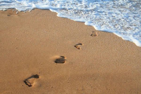 在海边的沙滩上的脚印 — 图库照片
