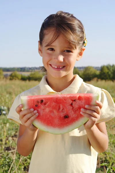 Smiling Little Girl Slice Watermelon Field — Stock Photo, Image